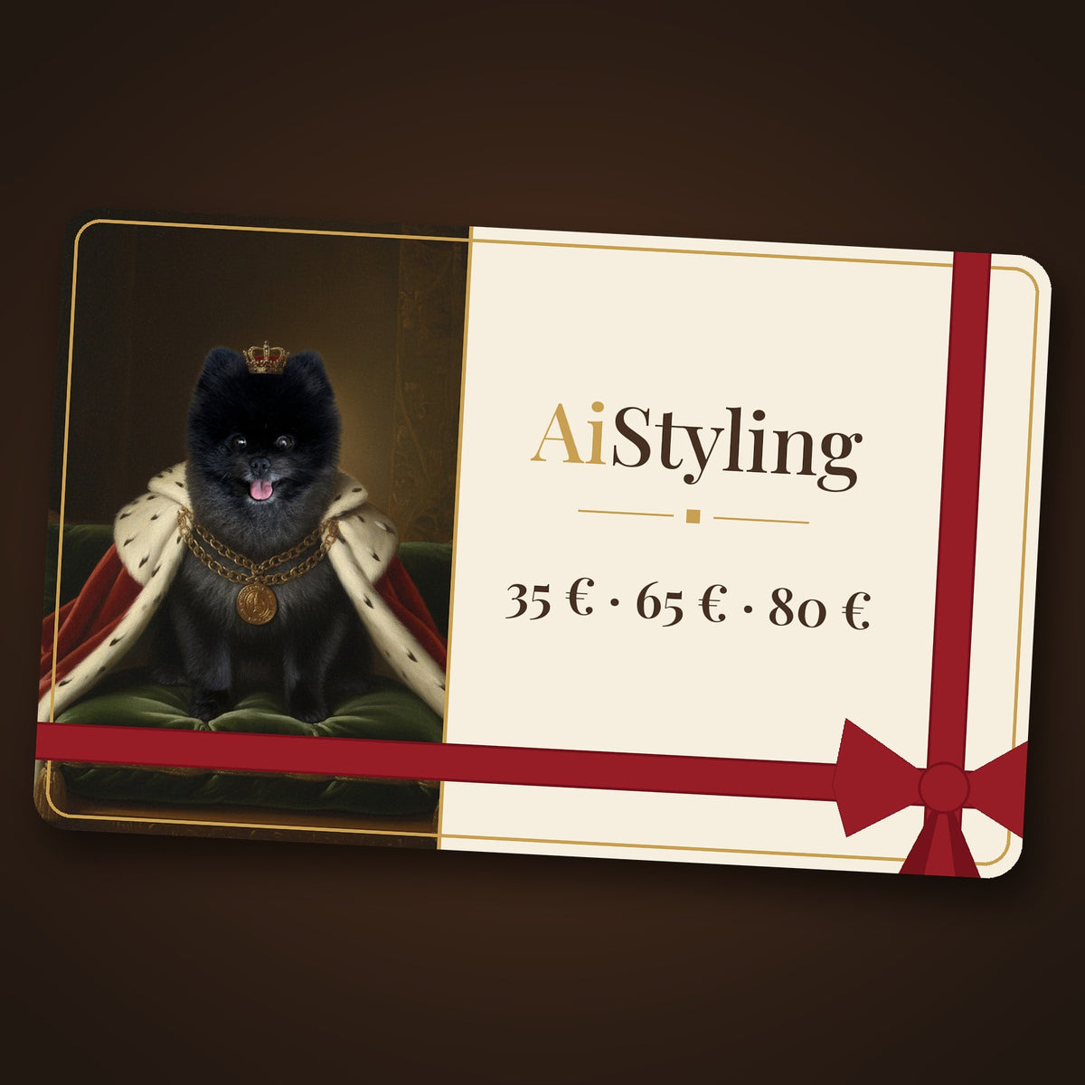 Carte cadeau AiStyling avec le portrait royal de notre Spitz nain Portoriko (Medo)