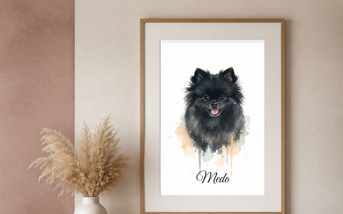 Framed watercolour pet portrait on a calm wall