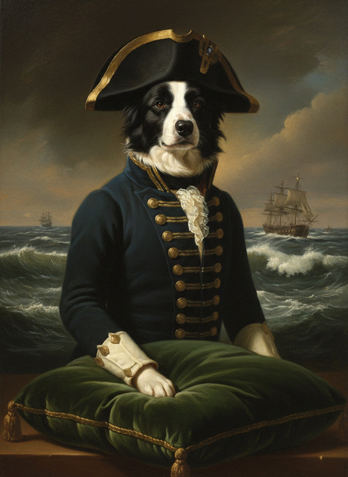 Border Collie peint en L'Amiral, avec grand voilier