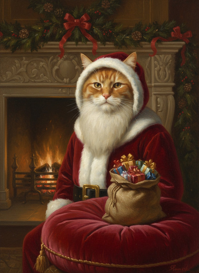 Chat roux peint en Le Père Noël près de la cheminée