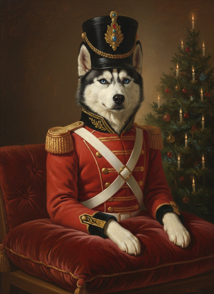 Husky sibérien peint en Le Casse-Noisette, le soldat de bois