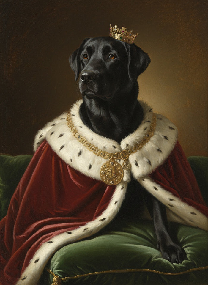 Labrador noir peint en Le Roi, avec cape d'hermine et couronne