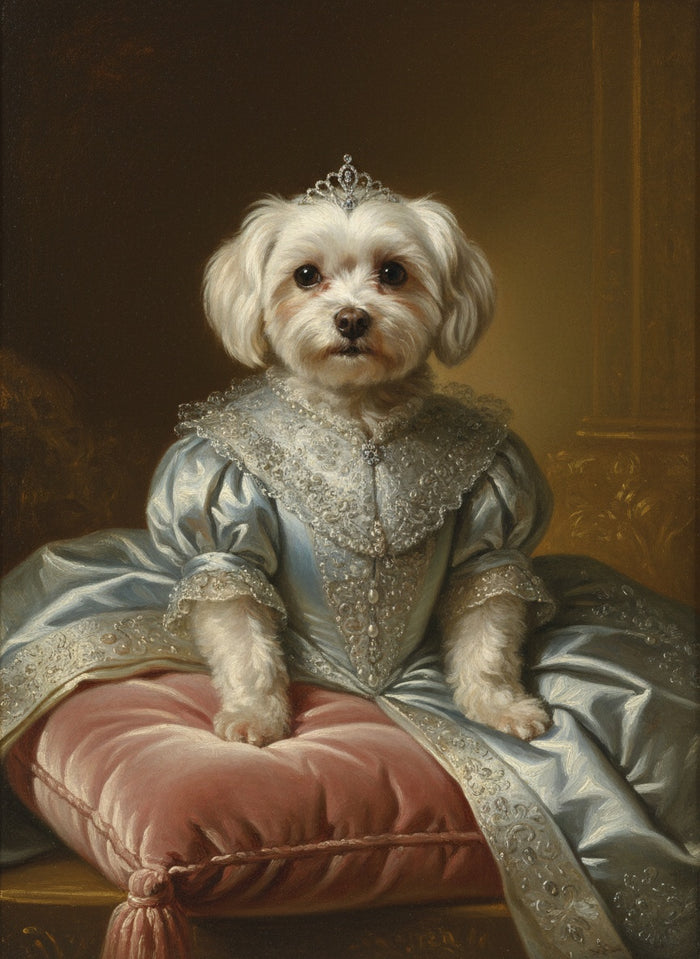 Bichon maltais peint en La Reine, en robe de soie