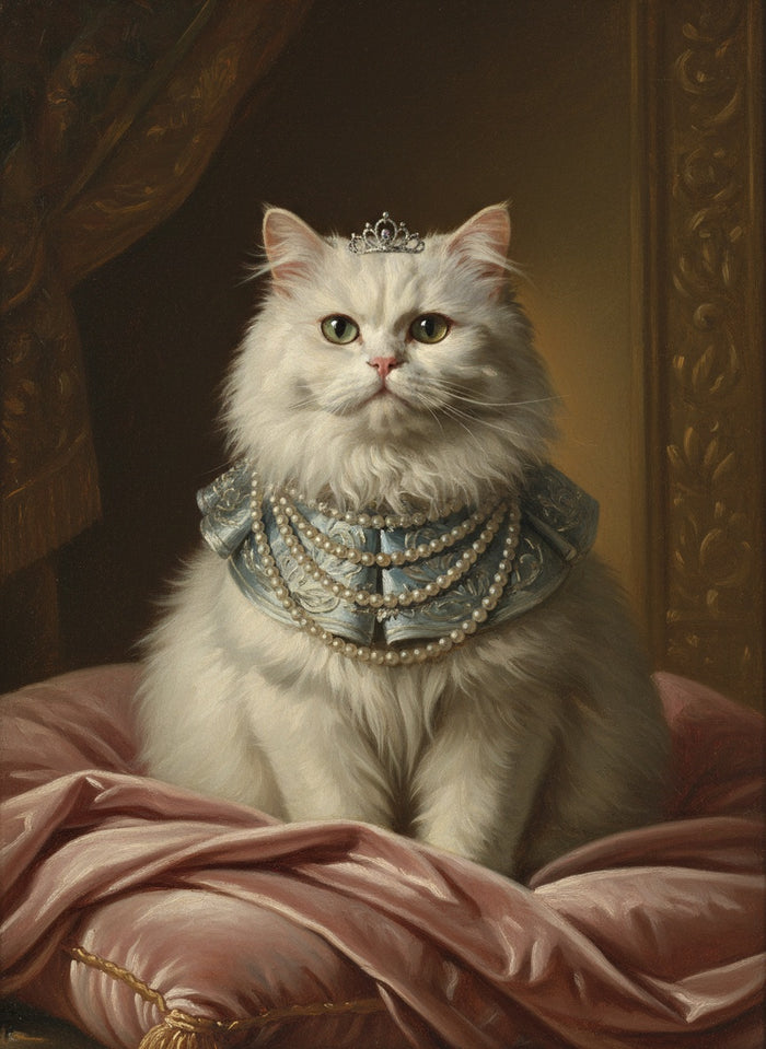Chat persan blanc peint en La Reine, avec perles et diadème
