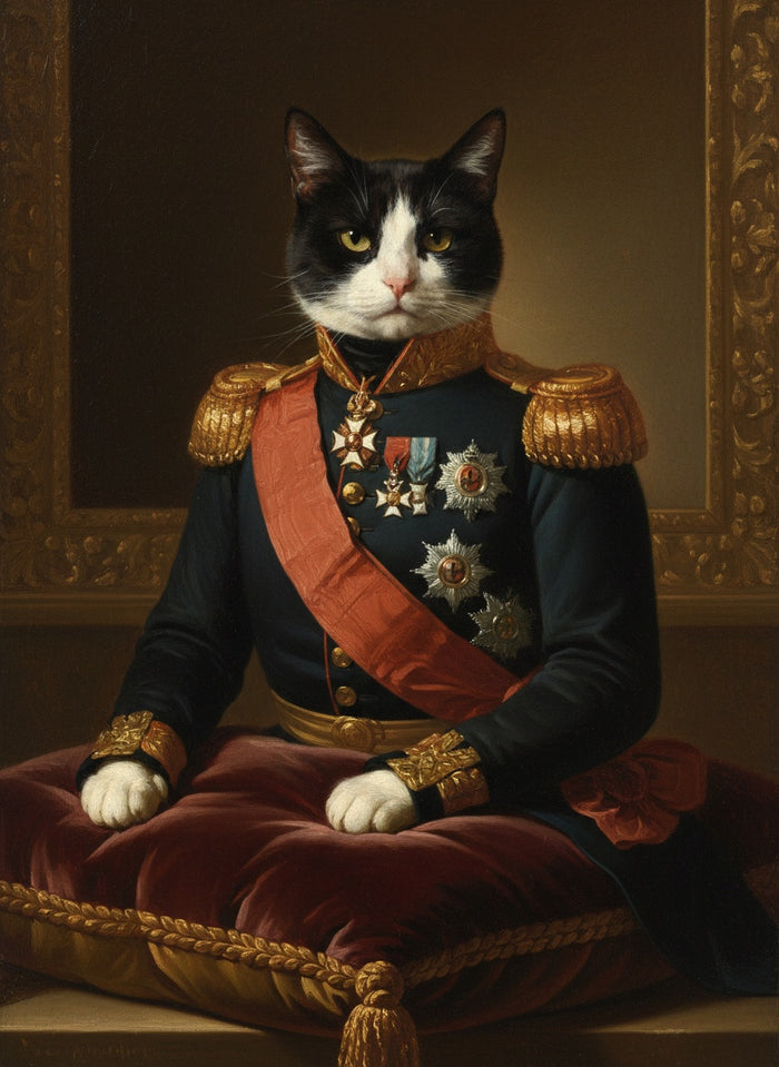 Chat noir et blanc peint en Le Général, en uniforme