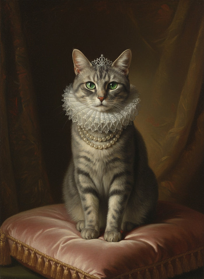Chat peint en reine dans un portrait à l'huile