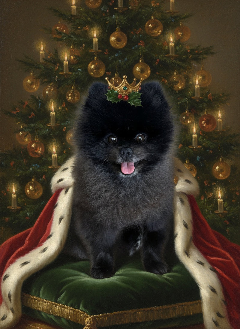 Loulou de Poméranie en Roi de Noël – portrait d'animal dans le style des maîtres anciens