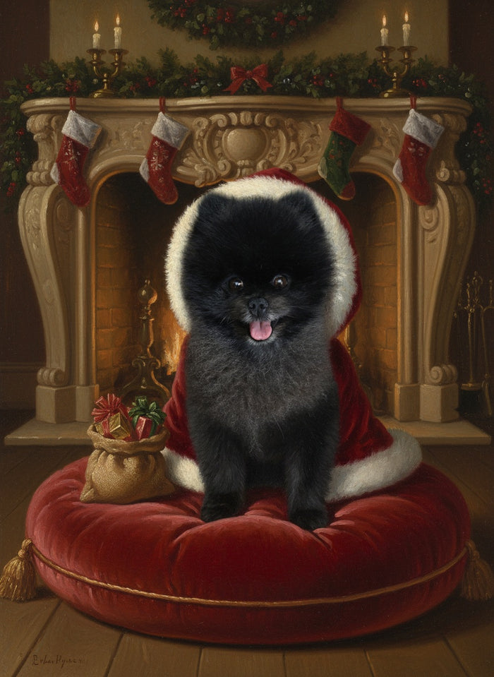 Spitz nain peint en Le Père Noël près de la cheminée