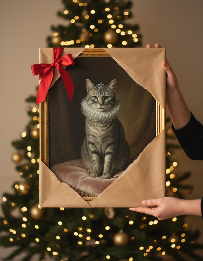 Portrait d'une chatte en La Reine que l'on déballe comme cadeau de Noël